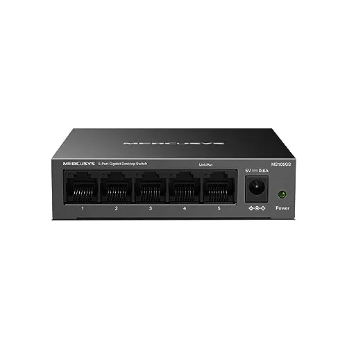 MERCUSYS ▫️ MS105GS – Switch 5G, 5 portas, Plug and Play, sem ventoinha, RJ45 2