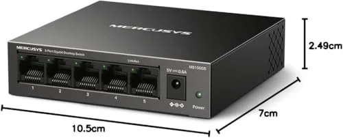 MERCUSYS ▫️ MS105GS – Switch 5G, 5 portas, Plug and Play, sem ventoinha, RJ45 3