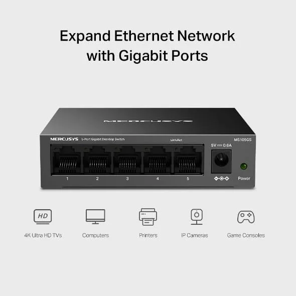 MERCUSYS ▫️ MS105GS – Switch 5G, 5 portas, Plug and Play, sem ventoinha, RJ45 5