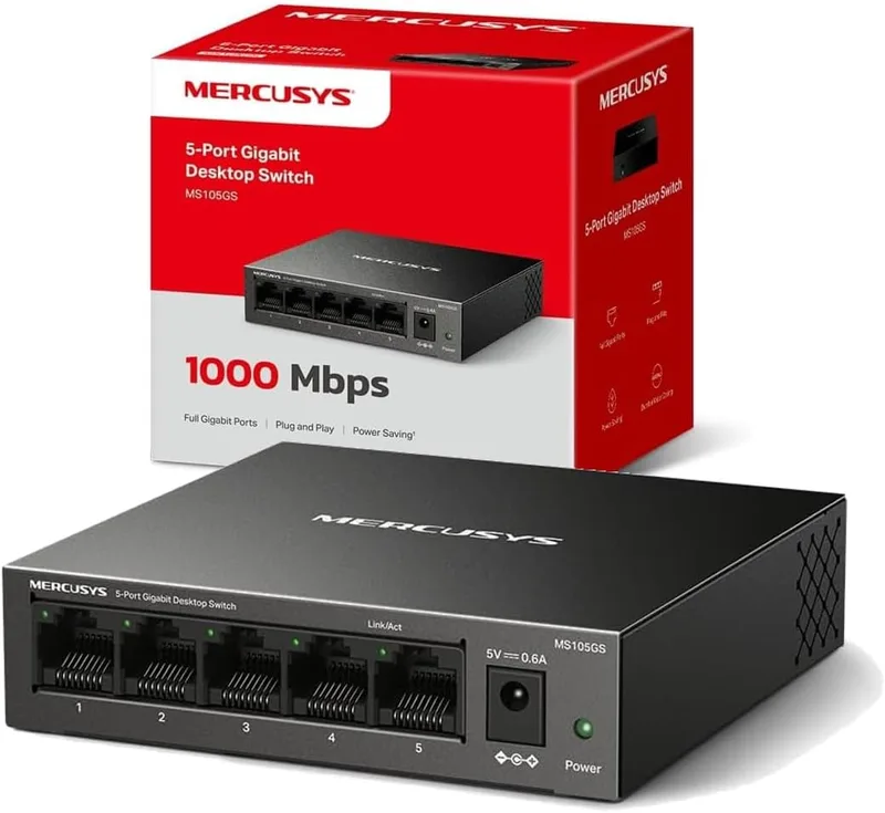 MERCUSYS ▫️ MS105GS – Switch 5G, 5 portas, Plug and Play, sem ventoinha, RJ45