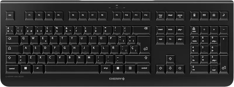 Cherry ▫️ KW 3000, Teclado sem fios com teclado numérico, disposição de teclado espanhol (QWERTY), radiofrequência de 2,4 GHz, teclas silenciosas, design plano, funciona com pilhas, preto