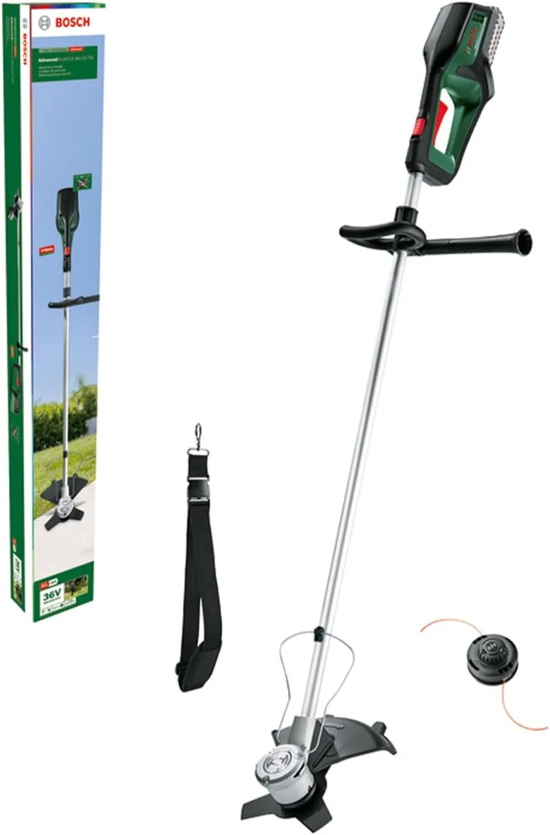 Bosch ▫️ Roçadora sem fios AdvancedBrushCut 36V-23-750 (para tarefas exigentes de corte de escovas; sistema de 36 volts; diâmetro de corte: 33 cm (fio), 23 cm (lâmina); 1 x bateria de 2,0 Ah e carregador)