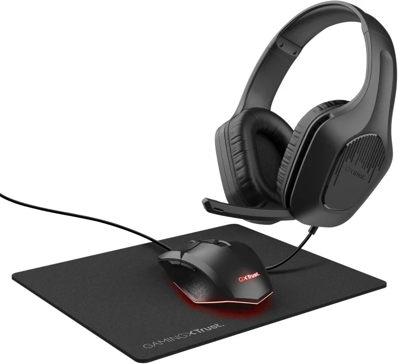 GXTrust ▫️ Trust Gaming GXT 790 Tridox 3-in-1 Gaming Pack - Auscultadores leves com drivers de 50 mm, ligação de 3,5 mm, rato de jogador USB 200-6400 dpi, tapete de rato, pacote para PC/portátil - Preto