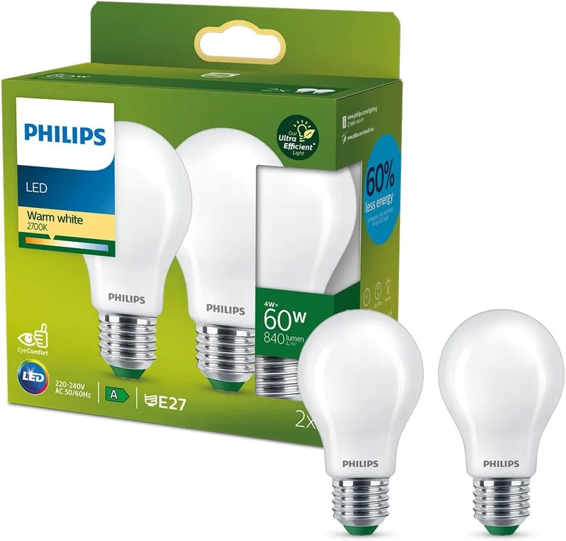 Philips ▫️ Lâmpada LED ultra-eficiente Lighting, 4 W equivalente a 60 W, E27 A60, luz quente 2700K, eficiência energética A, embalagem com 2 unidades.