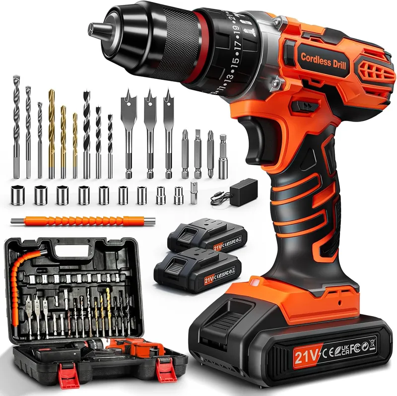 FAHEFANA ▫️ Martelo perfurador a bateria de 21 V, aparafusadora eléctrica com 2 baterias de 2,0 Ah, aparafusadora sem fio de 45 Nm, regulação de binário 25+3, mandril de perfuração em metal de 10 mm, 2 velocidades, 27 acessórios, luz LED