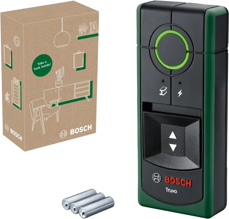 Bosch ▫️ Detetor Truvo de 2.ª geração (manuseamento simples com um único botão, deteção fácil de cabos sob tensão e detetor de metais na parede até 70 mm, em embalagem para comércio eletrónico)