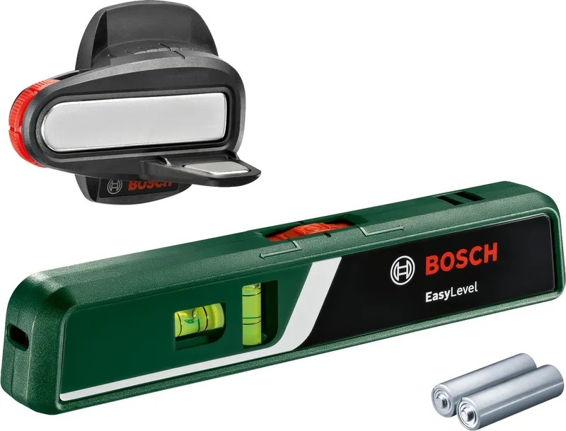 Bosch ▫️ Nível de bolha de ar laser EasyLevel com suporte de parede (nível laser para alinhamento flexível nas paredes e ponto laser para fácil transferência de altura, na caixa de comércio eletrónico)