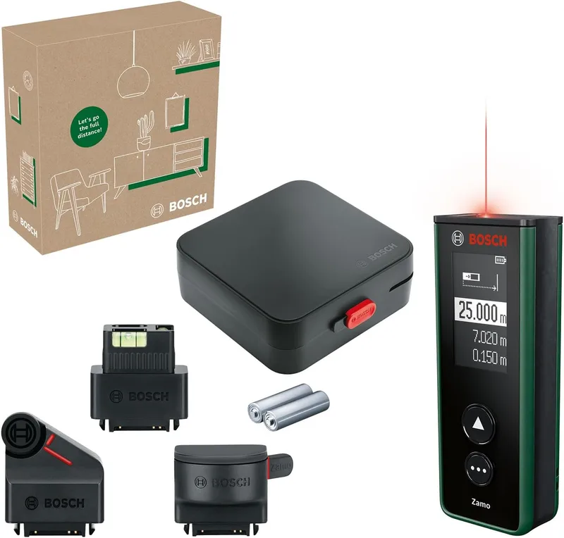 Bosch ▫️ Medidor laser Zamo de 4ª geração (medição fácil e precisa até 25 m, baterias recarregáveis via USB-C®, com função de encaixe, na caixa de comércio eletrónico)