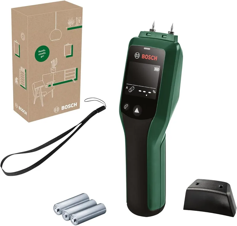 Bosch ▫️ Medidor de humidade UniversalHumid (resultados precisos graças à seleção do tipo de madeira e LED indicador para uma interpretação fácil dos resultados, em embalagem para comércio eletrónico)