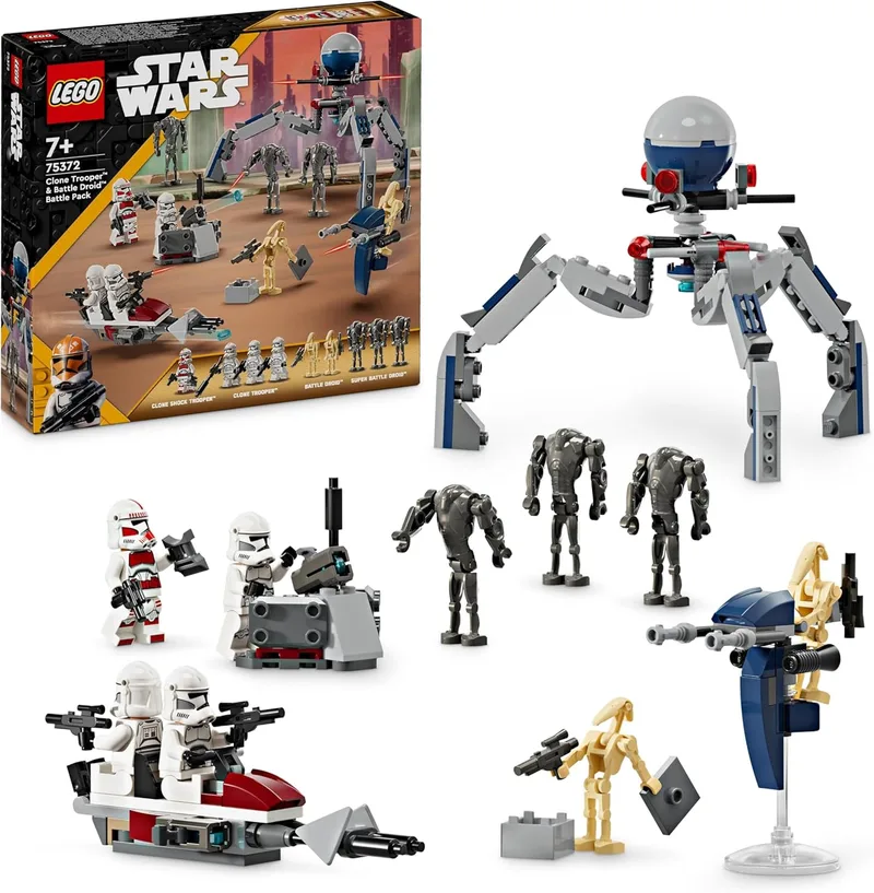 LEGO ▫️ Conjunto de Combate Star Wars: Soldado Clone e Droide de Combate, Brinquedo Infantil, Moto Speeder de Brinquedo, Figura do Tri-Droide e Posto Defensivo, Presente para Meninos e Meninas a partir dos 7 Anos 75372
