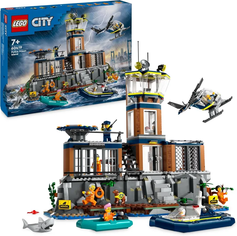 LEGO City Prisão da Polícia da Ilha, Prenda de Aniversário para Rapazes e Raparigas a partir dos 7 anos, Helicóptero, Barco, Barco e Prisão, 7 Minifiguras e Figuras de Animais Cão e Tubarão 60419