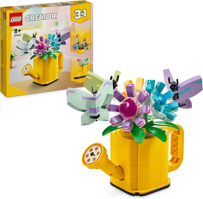 LEGO ▫️ Creator 3 em 1: Flores num Regador, que se transforma num Bote de Água ou em 2 Pássaros de Brinquedo empoleirados num poleiro, Conjunto Criativo com Animais de Brinquedo para Meninas e Meninos a partir dos 8 Anos 31149