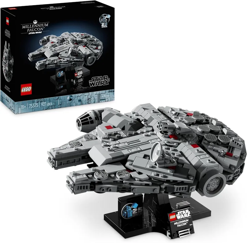 LEGO Star Wars 75375 Millennium Falcon - Modelo de Nave Estelar para Adultos Colecionável com Base e Placa - Decoração de Secretária - Prenda para Homens, Mulheres e Fãs de Uma Nova Esperança
