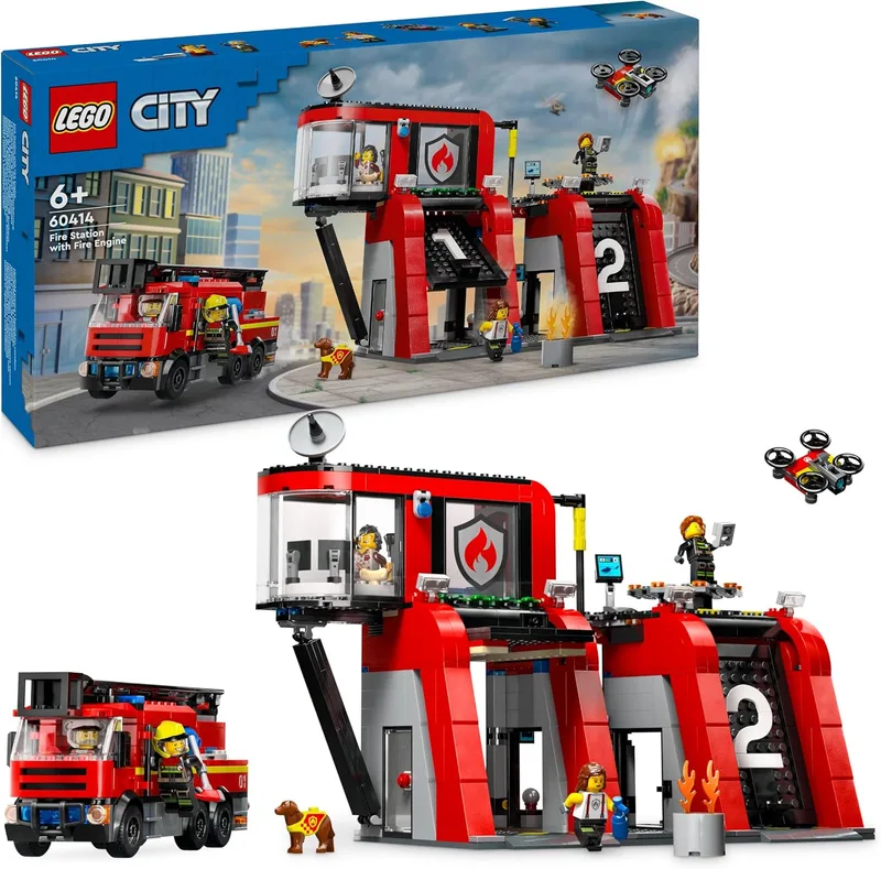 LEGO ▫️ City Quartel dos Bombeiros com Camião de Brincar, Presente de Aniversário para Meninos e Meninas a partir dos 6 Anos, Figura de Cão e 5 Minifiguras, Jogo de Imaginação e Ação 60414