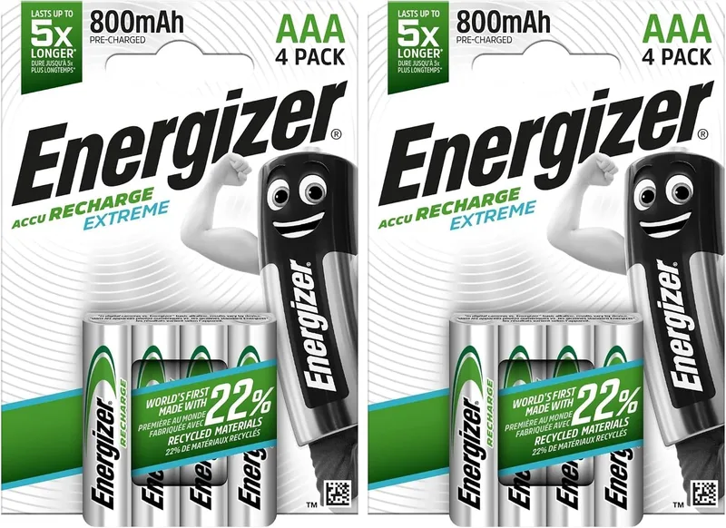 Energizer ▫️ Recharge Extreme - Pilha recarregável AAA (pacote de 4) - 800 mAh NiMH - pré-carregada - para dispositivos de utilização frequente e centenas de recargas - Embalagem 100% reciclável e sem plástico