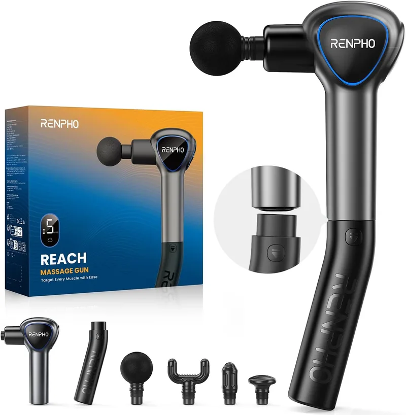RENPHO ▫️ Pistola de massagem muscular com cabo extensível amovível, pistola de massagem Reach, pistola de massagem profissional com ecrã LED para relaxamento muscular, preto