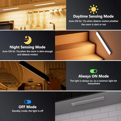 OUILA ▫️ Luz LED para armário com sensor de movimento, 3000K, 60 LEDs, 4 modos de iluminação, luz LED adesiva e magnética, bateria recarregável de 1500 mAh via USB, luz noturna para cozinha, armário, escadas, corredor, garagem – 3 embalagens 3