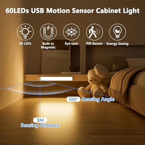 OUILA ▫️ Luz LED para armário com sensor de movimento, 3000K, 60 LEDs, 4 modos de iluminação, luz LED adesiva e magnética, bateria recarregável de 1500 mAh via USB, luz noturna para cozinha, armário, escadas, corredor, garagem – 3 embalagens 4