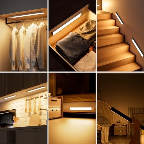 OUILA ▫️ Luz LED para armário com sensor de movimento, 3000K, 60 LEDs, 4 modos de iluminação, luz LED adesiva e magnética, bateria recarregável de 1500 mAh via USB, luz noturna para cozinha, armário, escadas, corredor, garagem – 3 embalagens 6