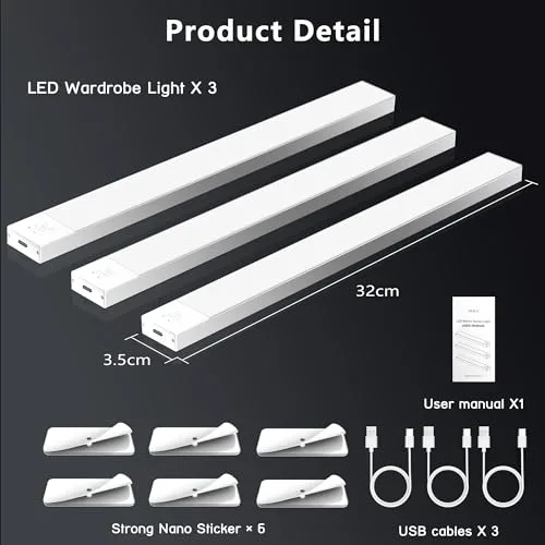 OUILA ▫️ Luz LED para armário com sensor de movimento, 3000K, 60 LEDs, 4 modos de iluminação, luz LED adesiva e magnética, bateria recarregável de 1500 mAh via USB, luz noturna para cozinha, armário, escadas, corredor, garagem – 3 embalagens 7