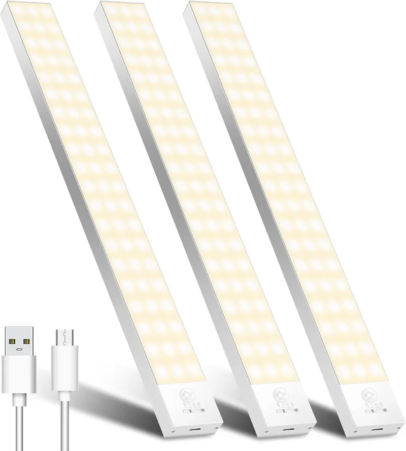 OUILA ▫️ Luz LED para armário com sensor de movimento, 3000K, 60 LEDs, 4 modos de iluminação, luz LED adesiva e magnética, bateria recarregável de 1500 mAh via USB, luz noturna para cozinha, armário, escadas, corredor, garagem – 3 embalagens