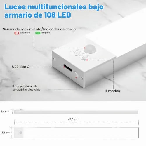 OUILA ▫️ Luz LED para armário com sensor de movimento, 43 cm, luz LED autocolante regulável com 3 modos de cor, luz noturna recarregável via USB de 2500 mAh para cozinha, armário, escadas, corredor, garagem – 2 unidades 6