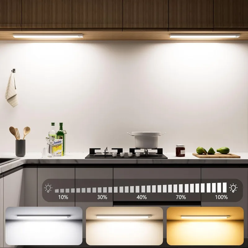 OUILA ▫️ Luz LED para armário com sensor de movimento, 43 cm, luz LED autocolante regulável com 3 modos de cor, luz noturna recarregável via USB de 2500 mAh para cozinha, armário, escadas, corredor, garagem – 2 unidades