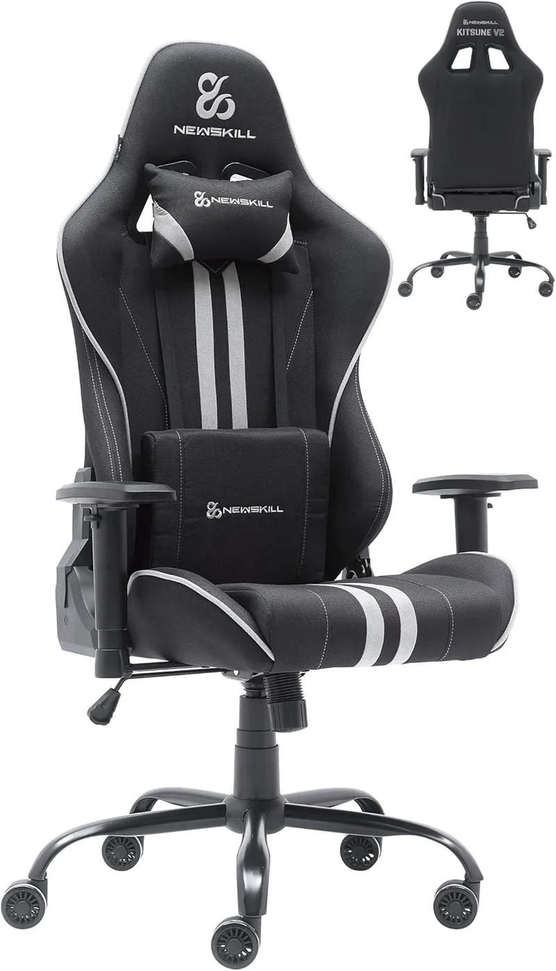 NEWSKILL ▫️ KitsuneV2 - Cadeira de jogos ergonómica, encosto reclinável a 180 graus, apoios de braços ajustáveis em 2D, almofadas lombar e cervical, rodas XL silenciosas, tecido respirável, cor cinzenta