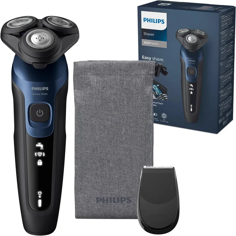 PHILIPS ▫️ Série 5000 Máquina de barbear elétrica para homem, máquina de barbear com aparador, 27 lâminas, cabeça flexível a 360º, 50 min de autonomia, para uso a seco e molhado, recarregável, estojo, S5465/18, azul metalizado