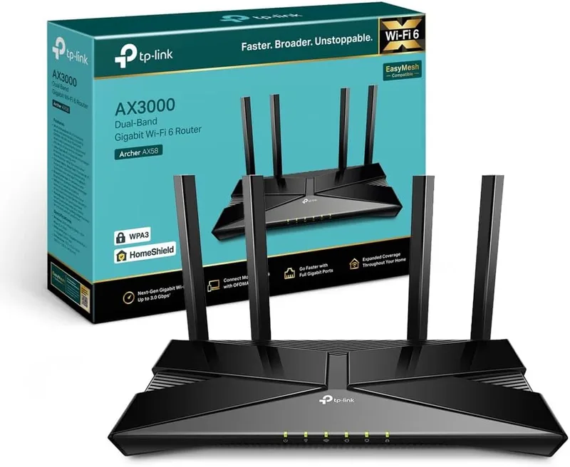 TP-Link ▫️ Archer AX58 - Router WiFi 6 AX3000, Dual Band 2.4Ghz/5Ghz,1xWAN/4xLAN Gigabit Portp, WPA3, OFDMA, WPS, Latência ultra baixa, HomeShield, Tecnologia OneMesh, Preto