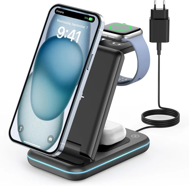 JoyGeek ▫️ Carregador Sem Fios, Base de Carregamento Dobrável 3 em 1 para iPhone 17/16/15/14/13/12/Plus/Pro MAX, Estação de carregamento para Apple Watch Ultra-2, carregador sem fios rápido para AirPods 4/Pro/3/2 - Preto
