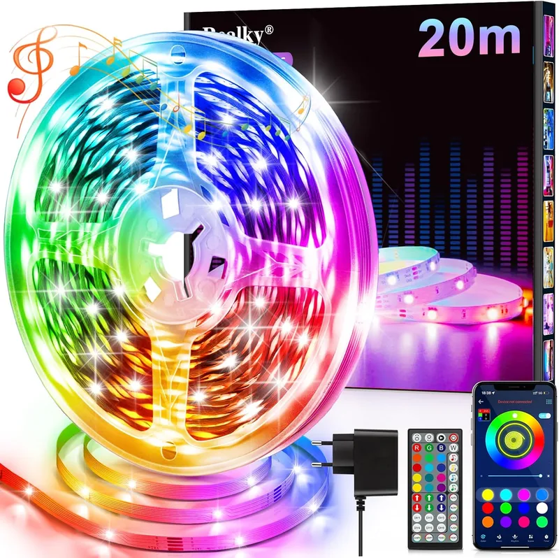 Realky ▫️ Luzes LED para o quarto, fita LED de 20 metros, fitas LED RGB com controlo remoto e aplicação, 16 milhões de cores, fitas LED, sincronização musical via Bluetooth, fitas LED para festas, casa, TV, Ba