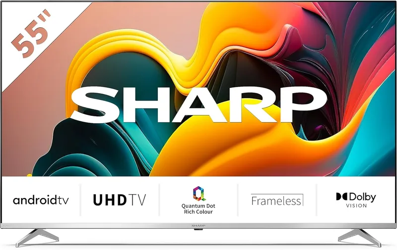 Sharp ▫️ 55FP6EA - TV Android QLED de 55" (sem moldura, 4K Ultra HD, 4 portas HDMI 2.1, 3 portas USB, Bluetooth), Google Assistant, Chromecast, Dolby Vision, HDR10, DTS Virtual X, cor prata