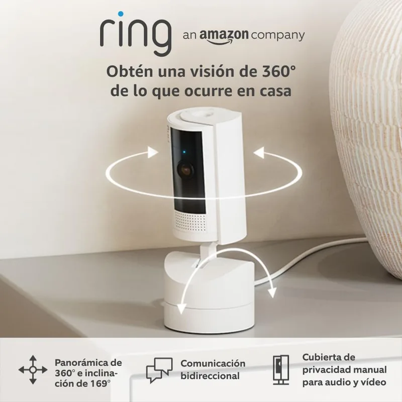 Ring ▫️ Indoor Pan-Tilt Indoor Camera (Câmara interior com inclinação panorâmica) | Câmara de segurança com ficha, para animais de estimação, ajustável horizontalmente a 360° e verticalmente a 169° | Protect free 30 days