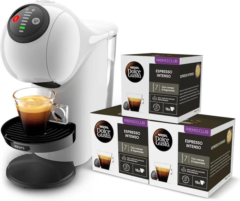 KRUPS ▫️ Nescafé Dolce Gusto Genio S, máquina compacta de cápsulas para várias bebidas, alta pressão, café expresso com natas em 30 segundos, paragem automática, design XL, branco + 3 pacotes de café intenso