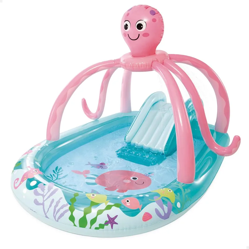 Intex ▫️ Piscina insuflável para crianças com escorrega com base almofadada, dispersor de água e jogo de atirar argolas, design de polvo, inclui remendo de reparação, centros de jogos para crianças, 2 anos (56138)