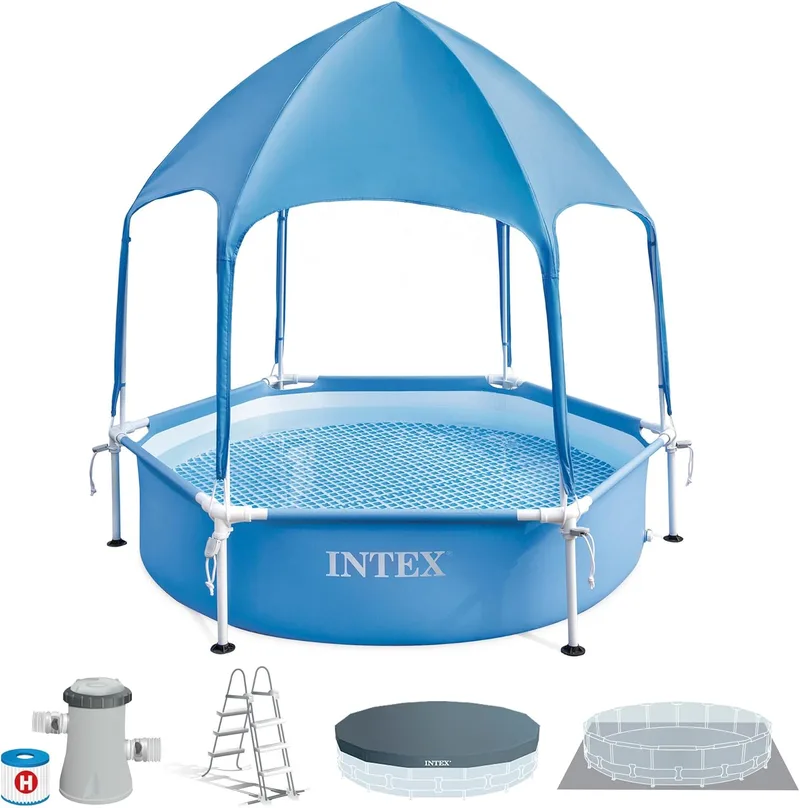 Intex ▫️ Piscina desmontável hexagonal, estrutura metálica, Ø183x38 cm, 700 litros, montagem em 10 min, inclui toldo desmontável com proteção UPF 50+ e difusor de água, a partir dos 3 anos (56031)