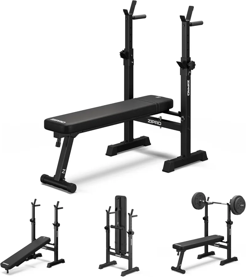 ZIPRO ▫️ Banco de musculação para supino, banco plano com suporte para barra ajustável, banco de fitness dobrável com pegas para flexões, carga máxima de 230 kg, para ginásio em casa