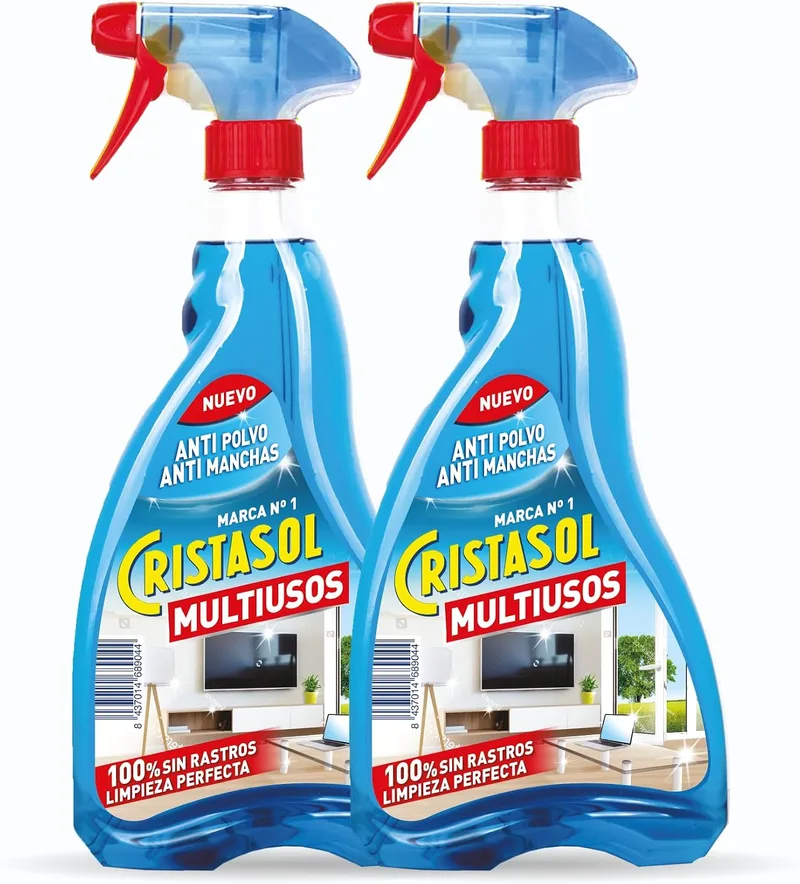 Cristasol ▫️ Produto de Limpeza Multiusos com Efeito Anti-Pó e Repelente de Água, Ação Anti-Manchas, Limpa Rápida e Facilmente Todo o Tipo de Superfícies sem Deixar Marcas, Embalagem de 2 x 750 ml