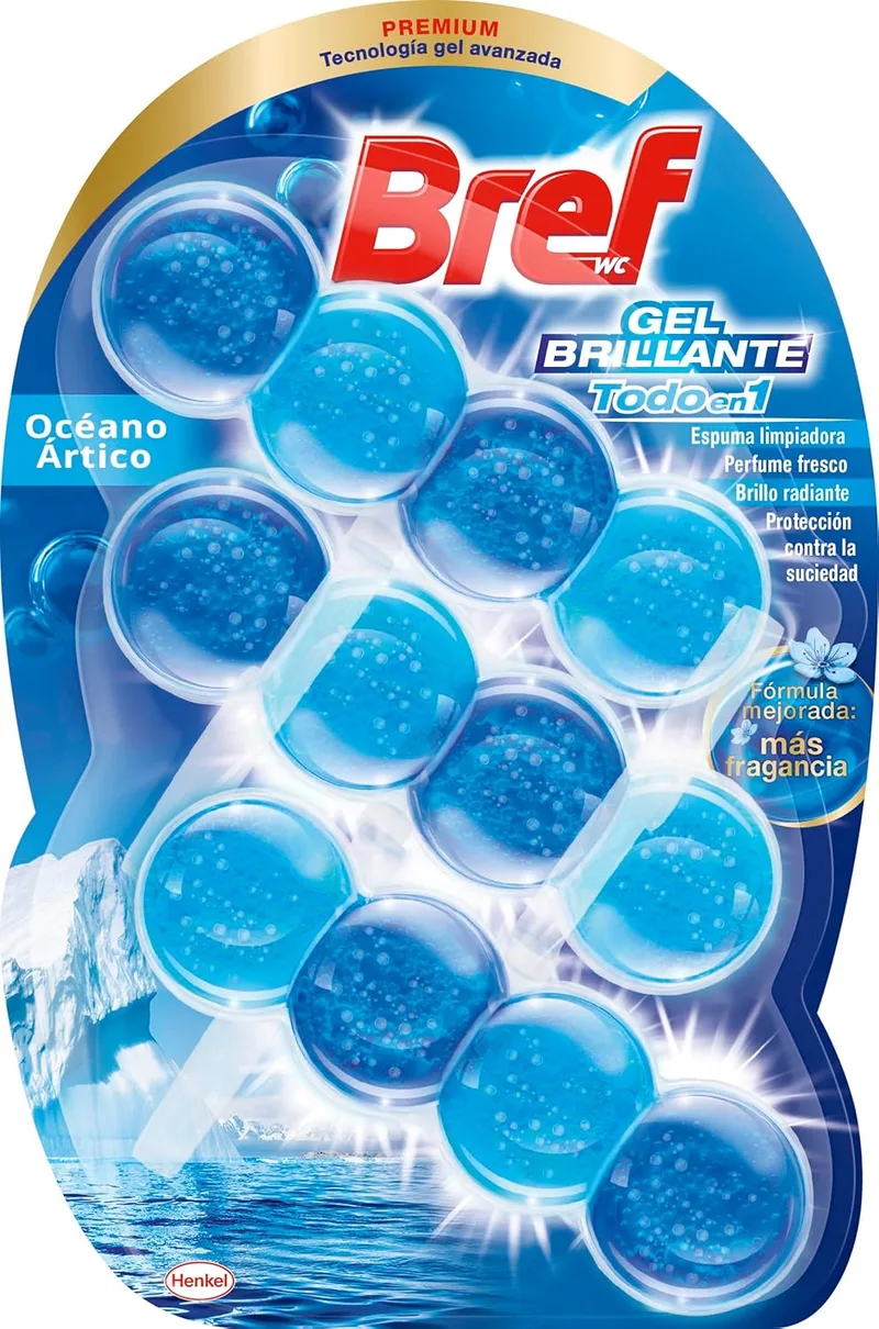 Bref ▫️ Power Arctic Ocean Shining Gel (3 peças), fórmula tudo-em-um para limpar a sanita, higiénico e protetor do cesto da sanita, com aroma a Oceano Ártico, limpador de casa de banho para uma sanita brilhante.