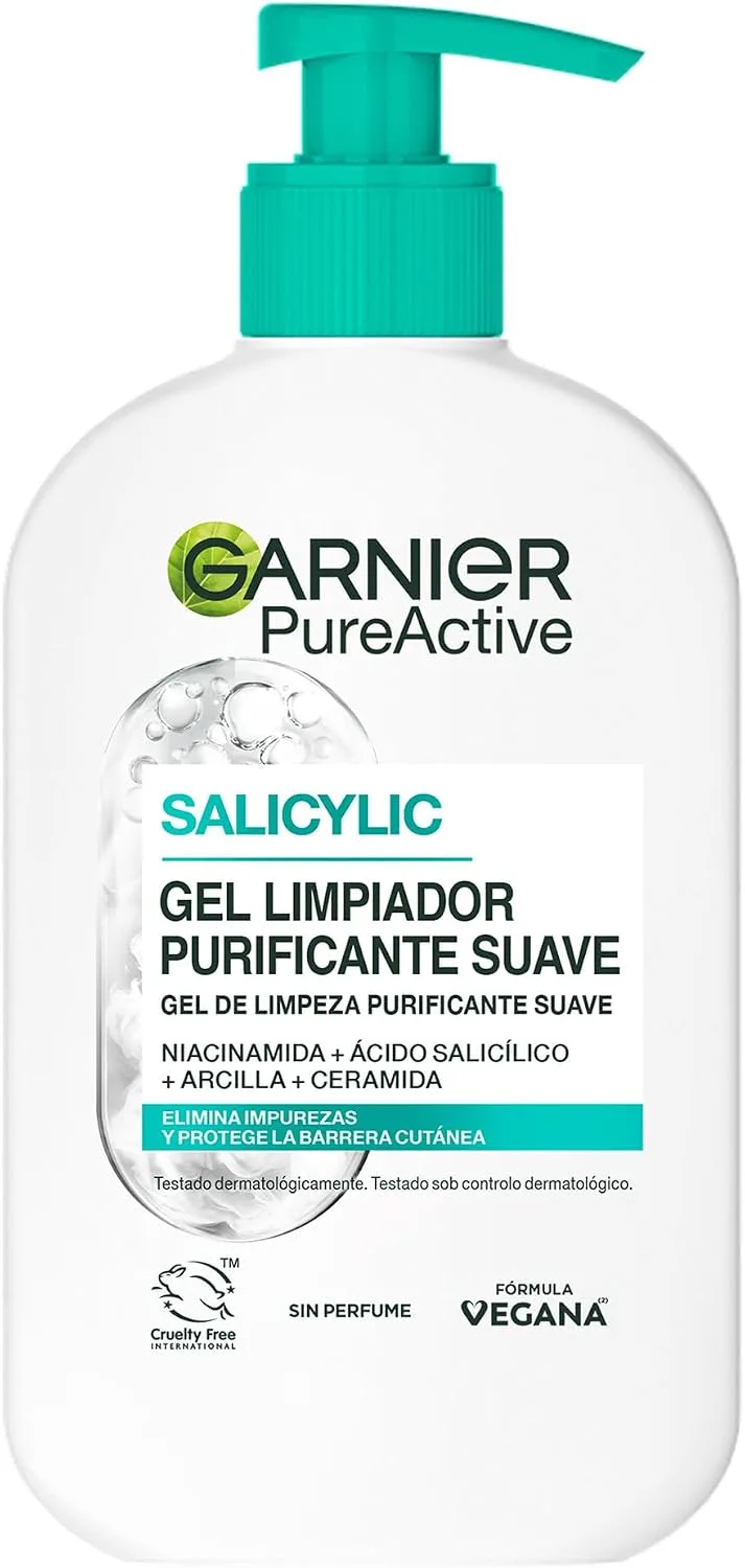 Garnier ▫️ PureActive Salicílico Purificante Suave com [Niacinamida + Ácido Salicílico + Argila + Ceramida] Elimina as impurezas e protege a barreira cutânea 250 ml