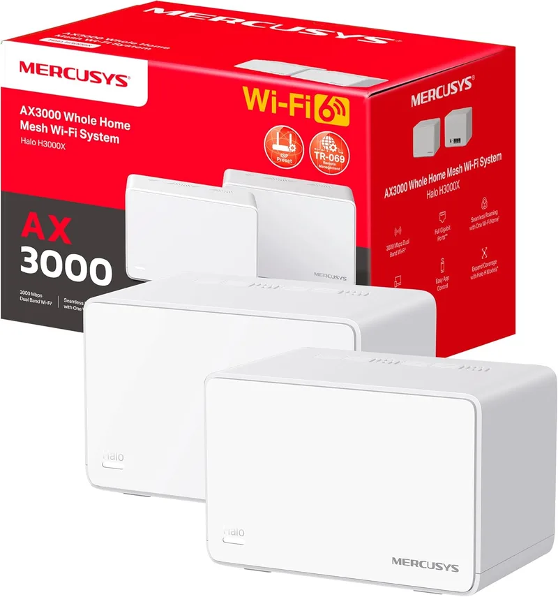 MERCUSYS ▫️ Halo H3000X(2-Pack) - Router de Sistema WiFi de 6 Malhas, AX3000, Banda Dupla, Cobertura até 420 m², 3X Porta Gigabit por Unidade, Gestão de Rede, Configuração Fácil com Aplicação, WPA3