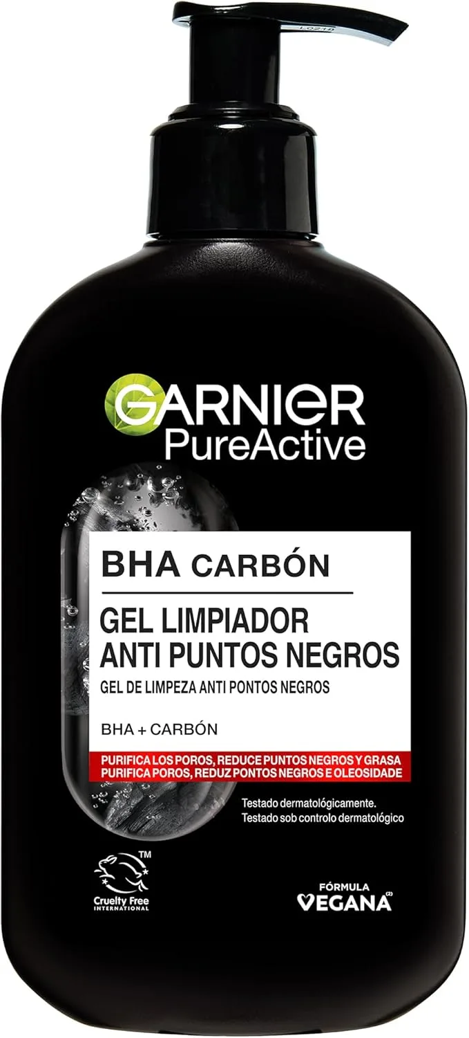 Garnier Skin Active ▫️ Garnier PureActive BHA Charcoal Anti Blackhead Cleansing Gel Com [BHA+Carvão] Purifica Intensamente os Poros, Reduz os Pontos Negros e a Oleosidade 250Ml