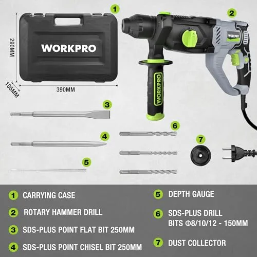 WORKPRO ▫️ Berbequim Perfurador Elétrico de 1050 W, 4 Funções com Brocas SDS Plus 3