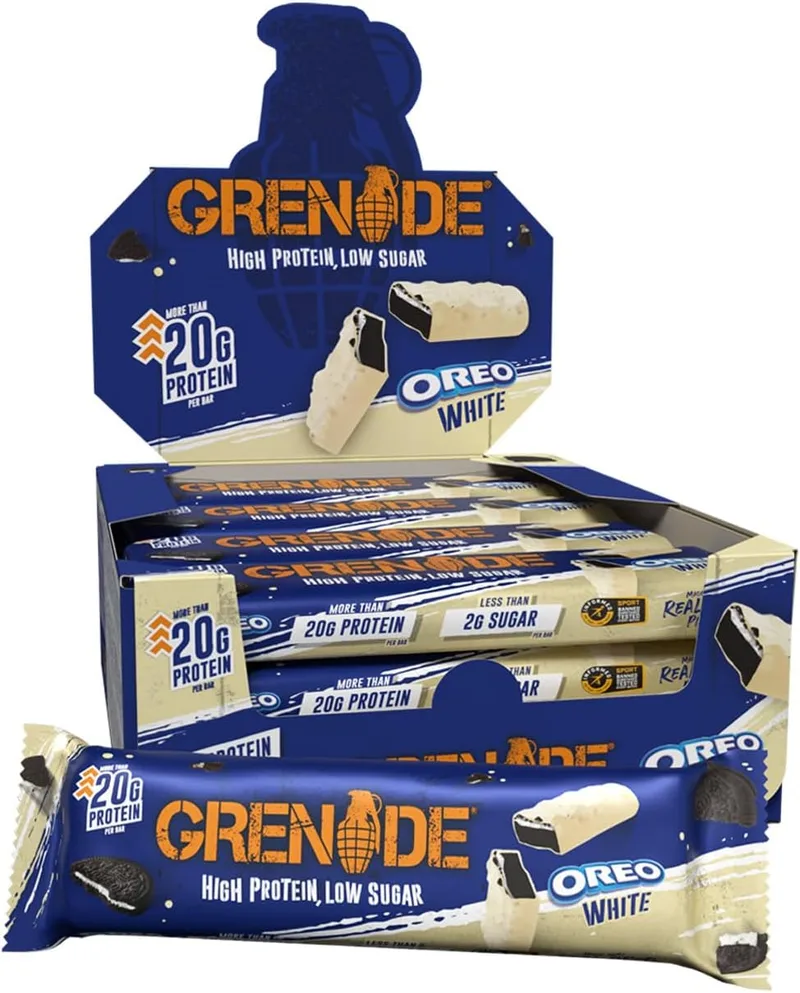 GRENADE ▫️ Barra de proteínas com baixo teor de açúcar - Sabor OREO Branco, 12 x 60 g