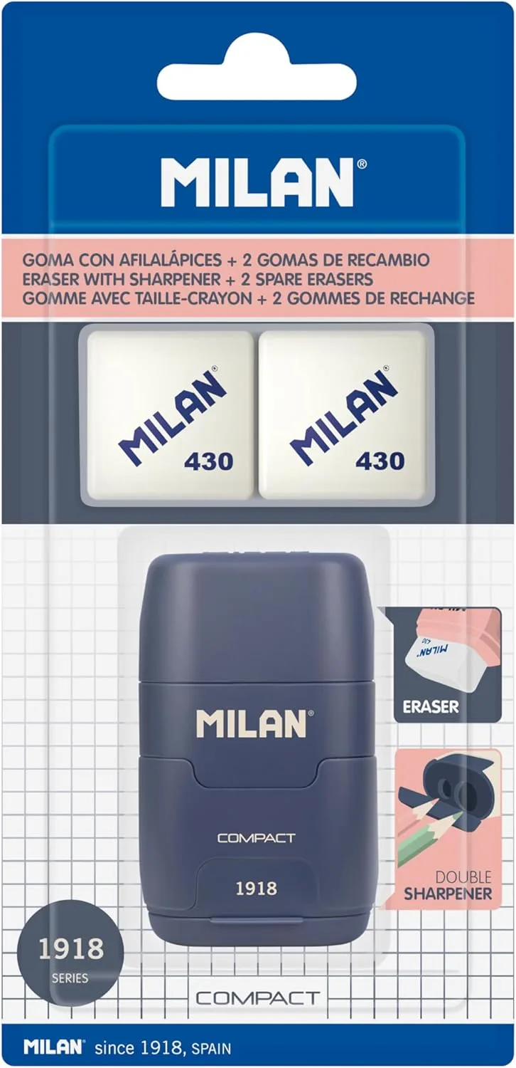 MILAN ▫️ ® Blister de afiador COMPACT série 1918 azul + 2 borrachas de substituição