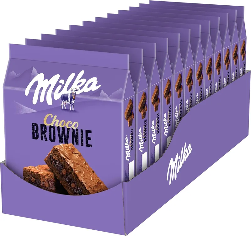 Milka ▫️ Choco Brownie Pão de ló de chocolate de leite alpino com pedaços de chocolate de leite, embalagem de 13 unidades 150 g