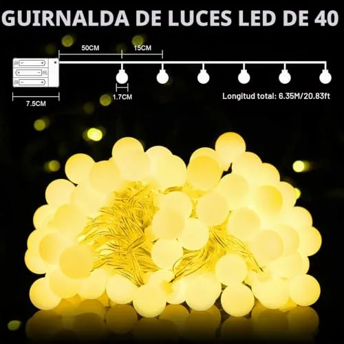 AGOTD ▫️ Guirlanda de luzes, cadeia de luzes de 6 m com 40 LED, 2 modos, bateria carregada, luz branca quente, guirlandas luminosas decorativas para exteriores, interiores, jardins, casas, casamentos, Natal (2 modos) 2