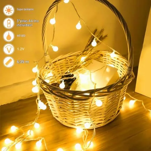 AGOTD ▫️ Guirlanda de luzes, cadeia de luzes de 6 m com 40 LED, 2 modos, bateria carregada, luz branca quente, guirlandas luminosas decorativas para exteriores, interiores, jardins, casas, casamentos, Natal (2 modos) 3
