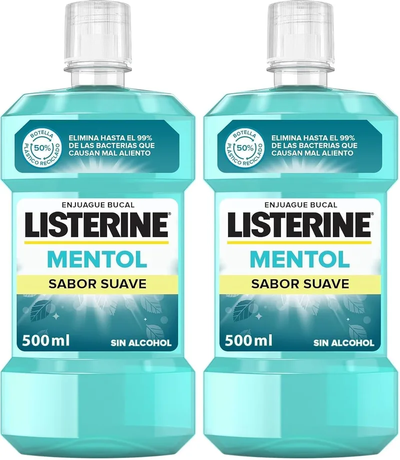 Listerine ▫️ Enxaguante Bucal, Sabor Suave a Mentol, Sem Álcool, Para uso diário, Hálito Fresco Duradouro, 500 ml (Embalagem de 2)